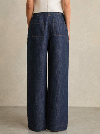 Reiss Petite Linen Wide Leg Trousers in Indigo