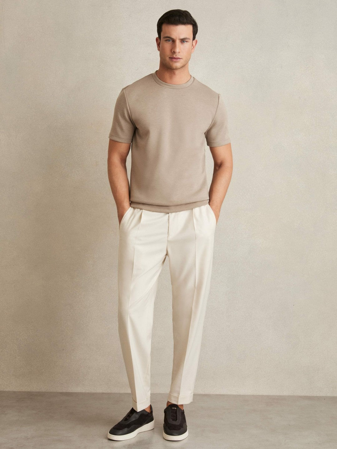 Reiss Interlock Jersey Crew Neck T-Shirt in Taupe Brown