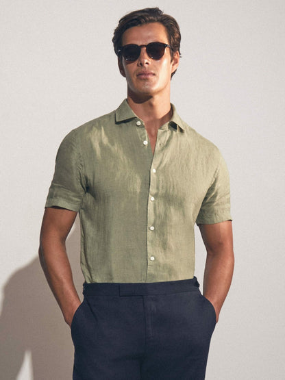 Reiss Slim Fit Linen Button-Through Shirt in Thyme Green