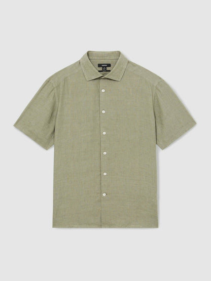 Reiss Slim Fit Linen Button-Through Shirt in Thyme Green