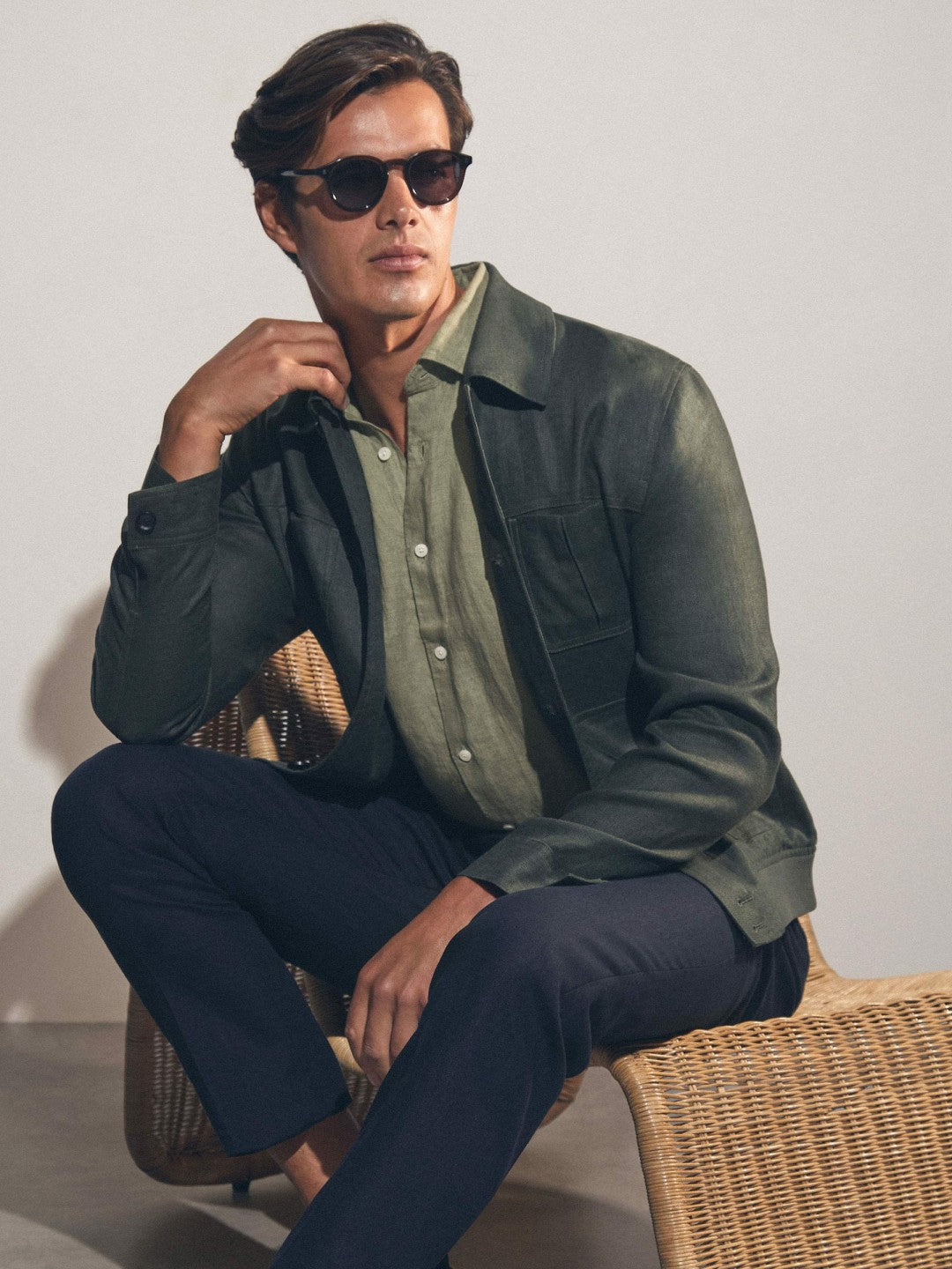 Reiss Slim Fit Linen Button-Through Shirt in Thyme Green