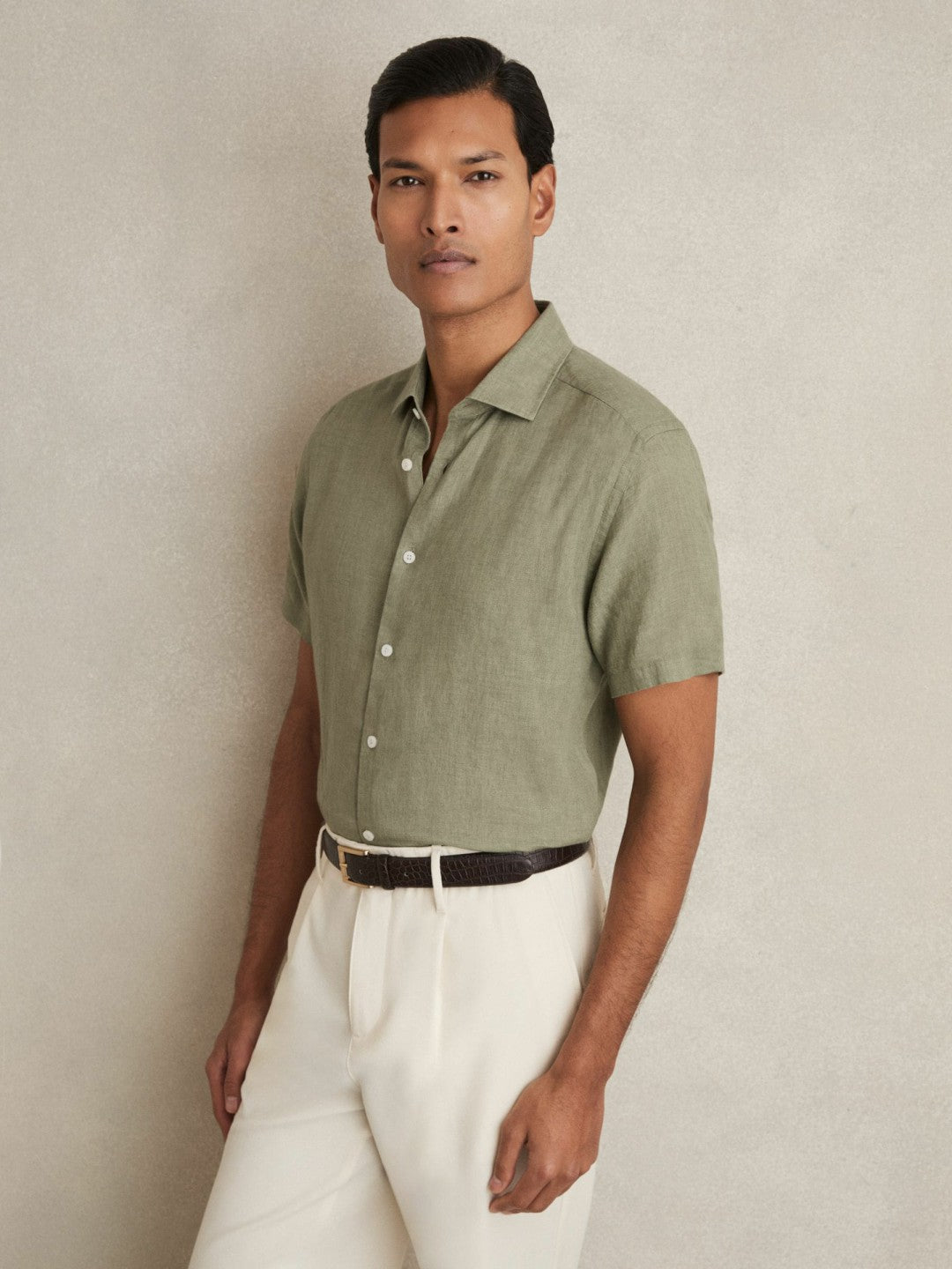 Reiss Slim Fit Linen Button-Through Shirt in Thyme Green
