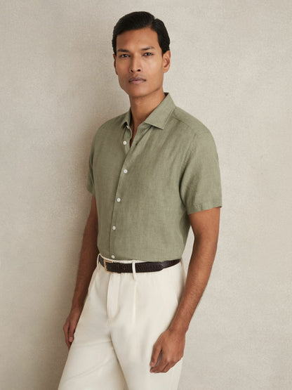 Reiss Slim Fit Linen Button-Through Shirt in Thyme Green