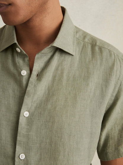Reiss Slim Fit Linen Button-Through Shirt in Thyme Green