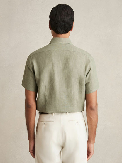 Reiss Slim Fit Linen Button-Through Shirt in Thyme Green