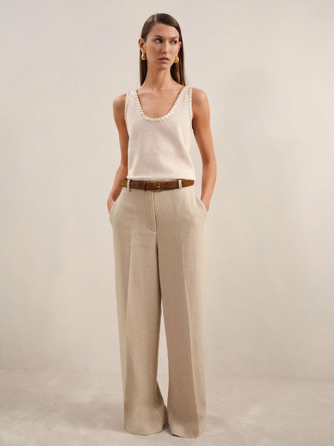 Reiss Linen-Blend Wide-Leg Trousers in Neutral