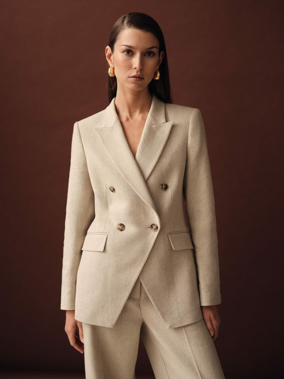Reiss Linen-Blend Double-Breasted Suit Jacket in Neutral