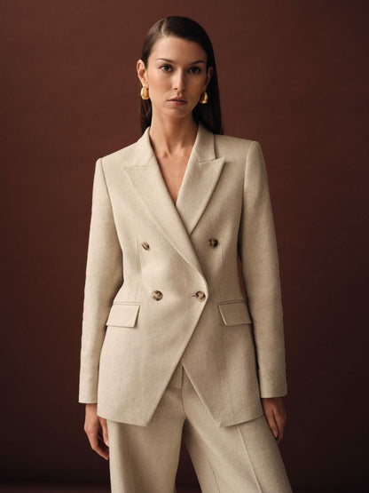 Reiss Linen-Blend Double-Breasted Suit Jacket in Neutral