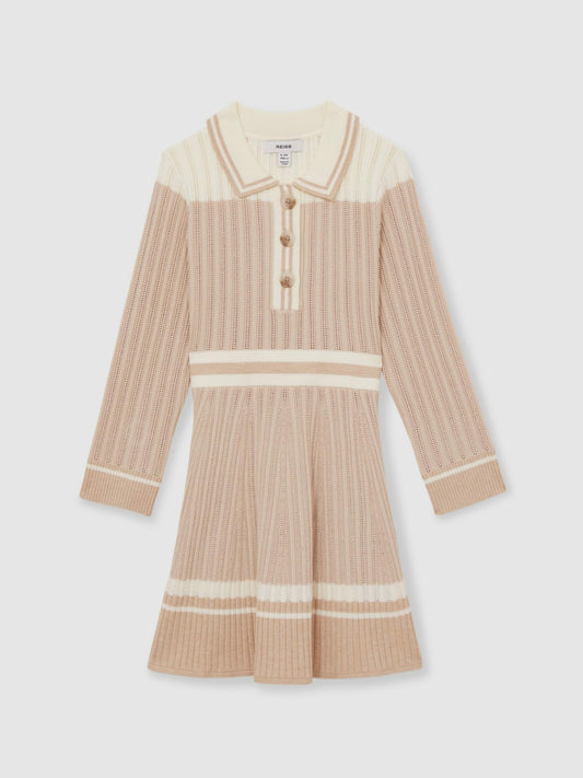 Reiss 13-14 yrs Rib-Knit Pointelle Flared Dress in Pale Pink