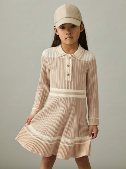 Reiss 9-13 yrs Rib-Knit Pointelle Flared Dress in Pale Pink