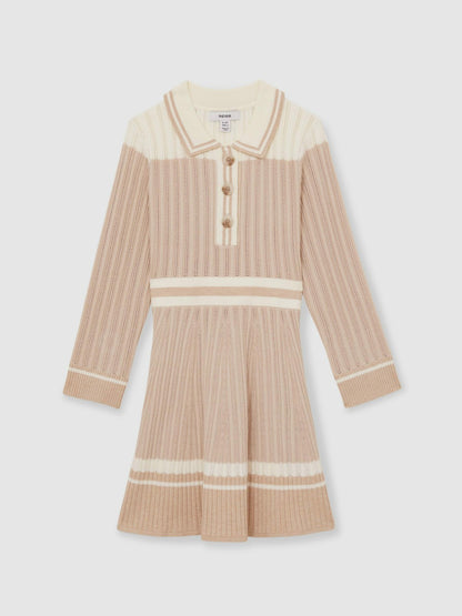 Reiss 9-13 yrs Rib-Knit Pointelle Flared Dress in Pale Pink
