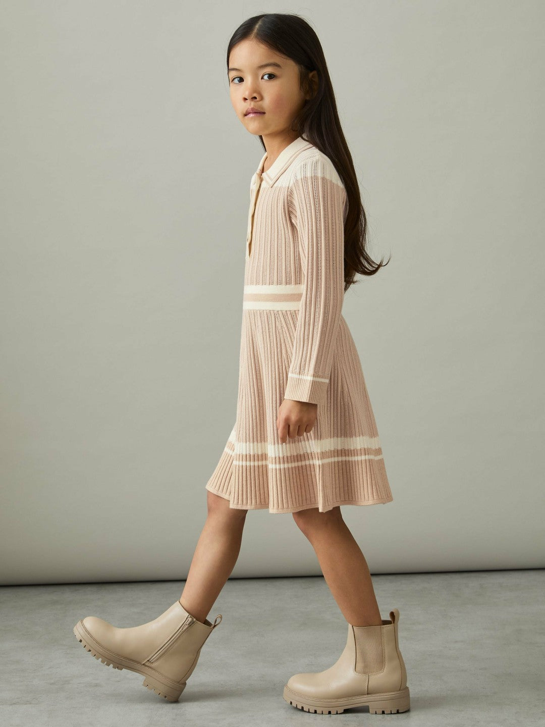 Reiss 9-13 yrs Rib-Knit Pointelle Flared Dress in Pale Pink