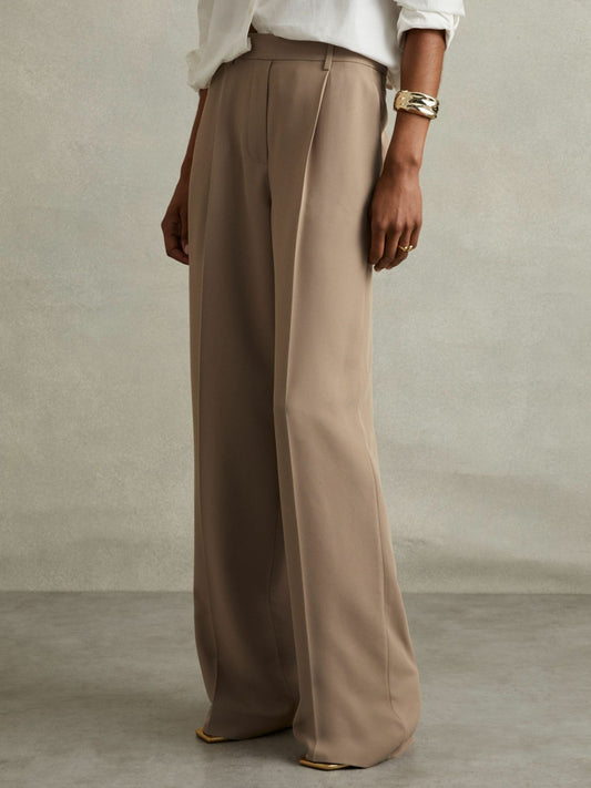 Reiss Petite Elasticated-Waist Wide-Leg Twill Trousers in Mink Neutral