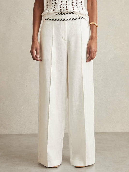 Reiss Petite Linen Wide-Leg Whipstitch Trousers in White