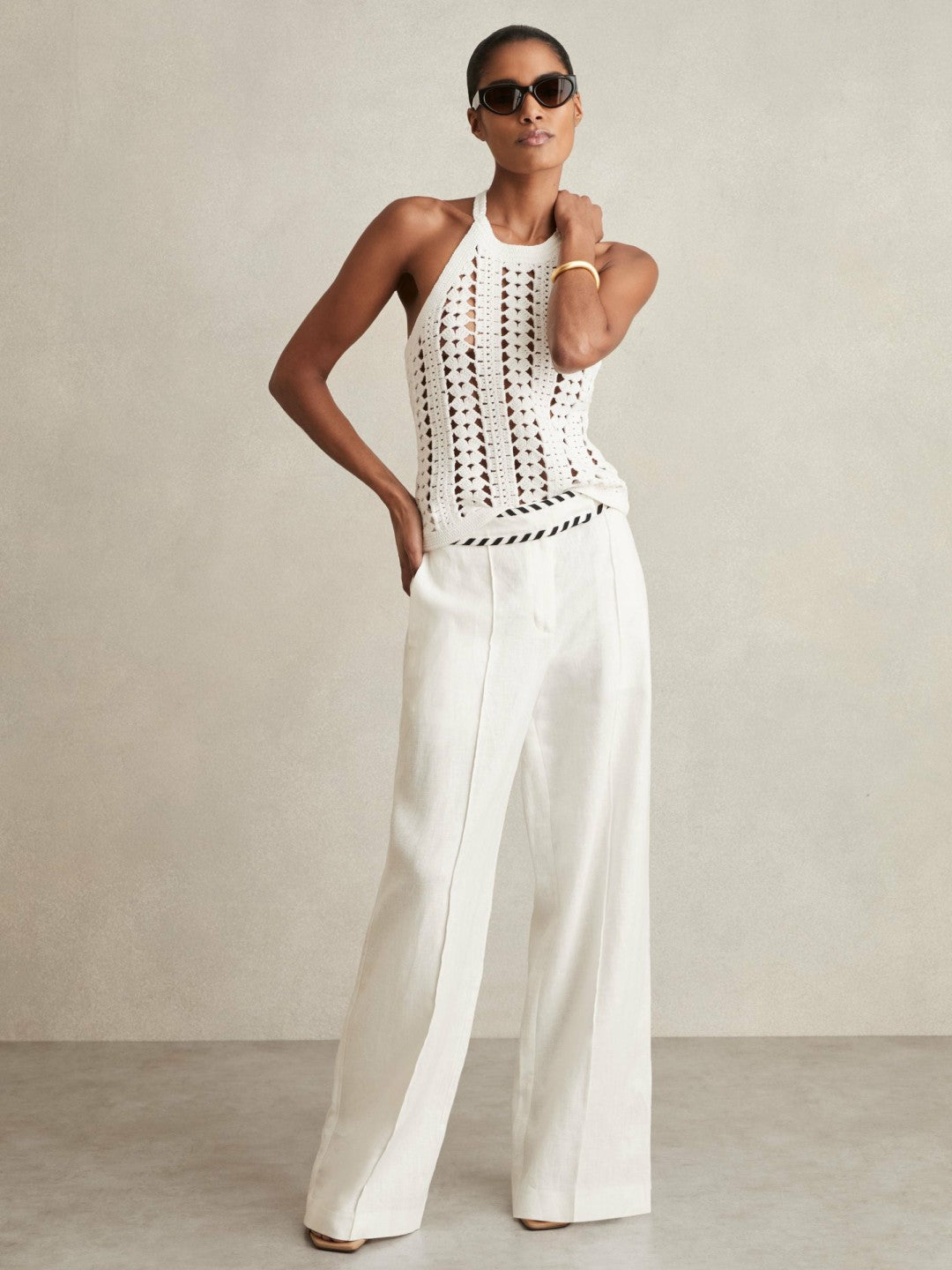 Reiss Petite Linen Wide-Leg Whipstitch Trousers in White