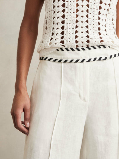 Reiss Petite Linen Wide-Leg Whipstitch Trousers in White