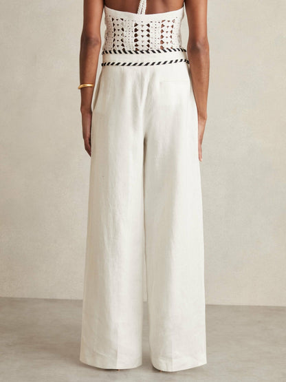 Reiss Petite Linen Wide-Leg Whipstitch Trousers in White