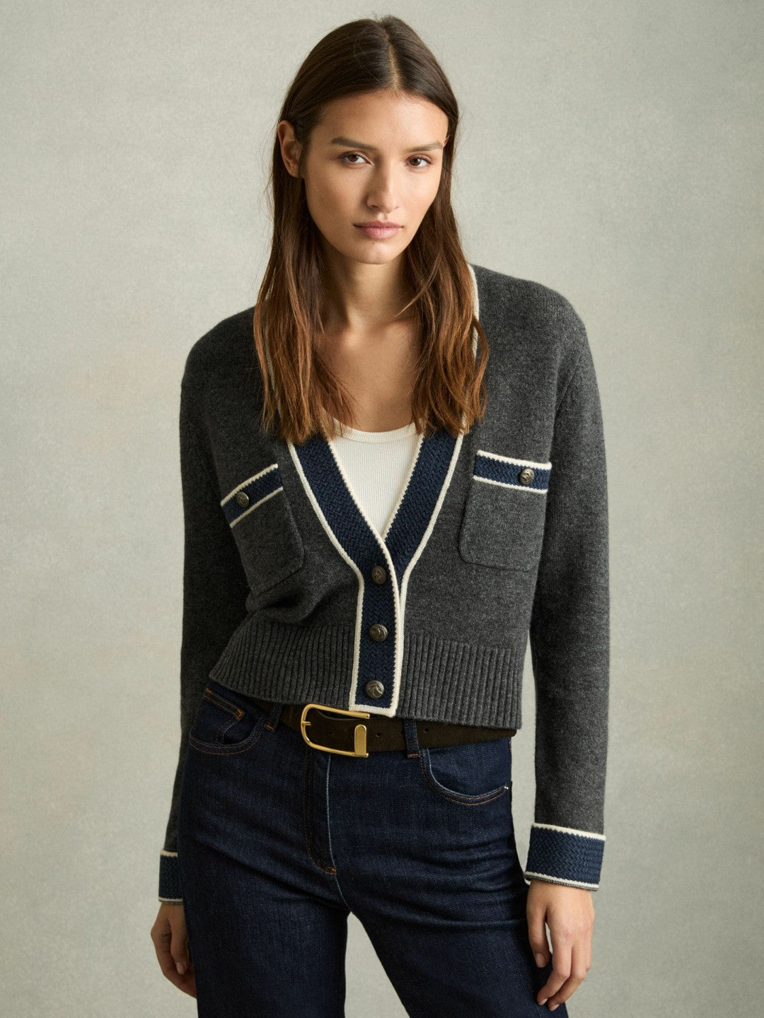 Reiss Wool-Cashmere Tipped V-Neck Cardigan in Charcoal