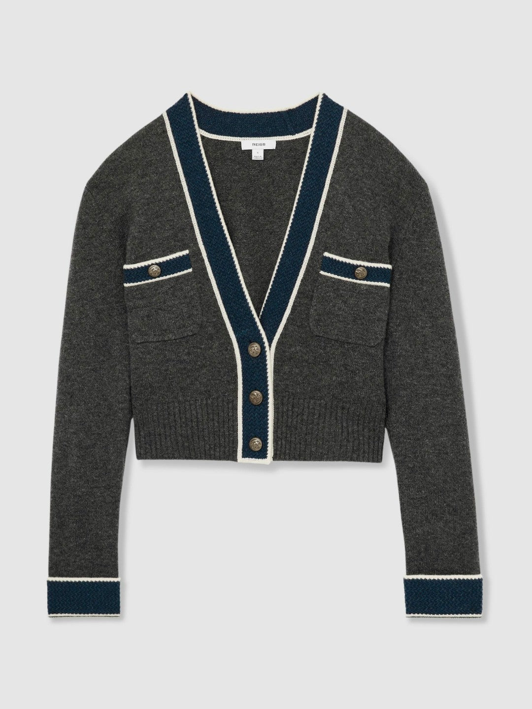 Reiss Wool-Cashmere Tipped V-Neck Cardigan in Charcoal