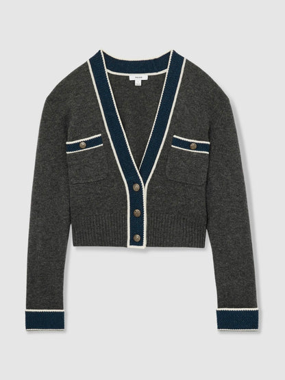Reiss Wool-Cashmere Tipped V-Neck Cardigan in Charcoal