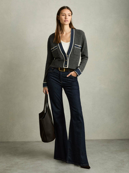 Reiss Wool-Cashmere Tipped V-Neck Cardigan in Charcoal