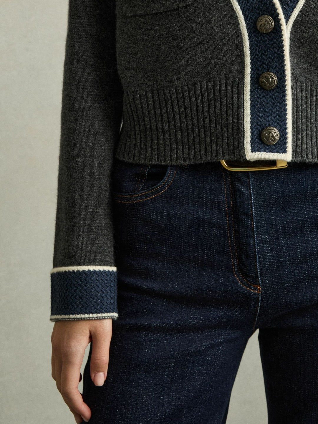 Reiss Wool-Cashmere Tipped V-Neck Cardigan in Charcoal