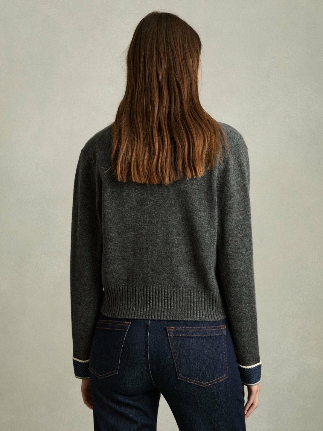 Reiss Wool-Cashmere Tipped V-Neck Cardigan in Charcoal