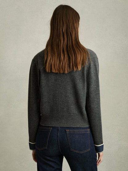 Reiss Wool-Cashmere Tipped V-Neck Cardigan in Charcoal