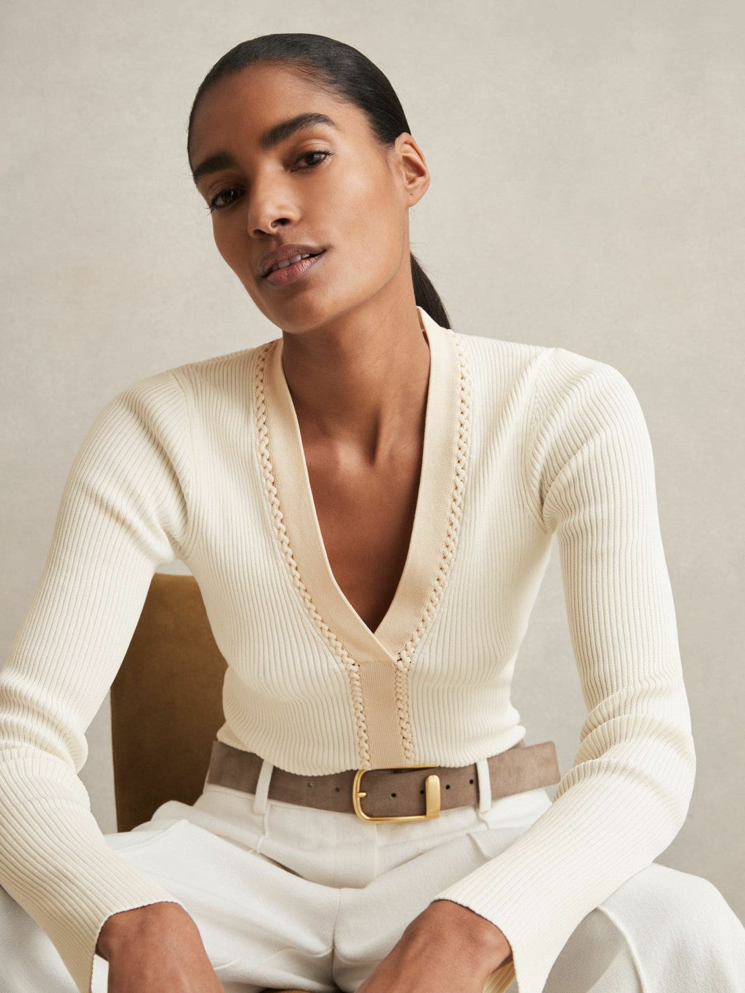 Reiss Craft-Stitch Rib-Knit Top in Ivory
