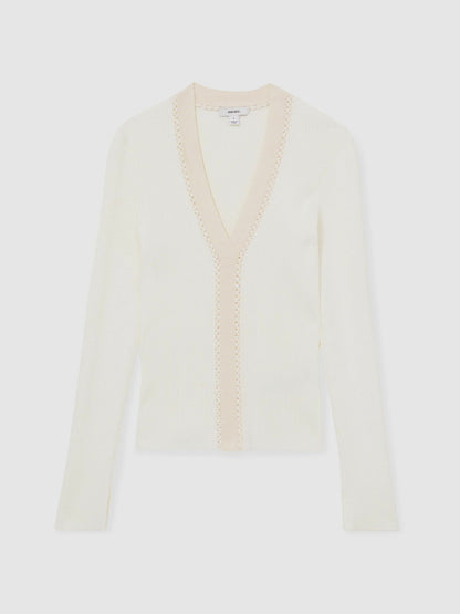 Reiss Craft-Stitch Rib-Knit Top in Ivory