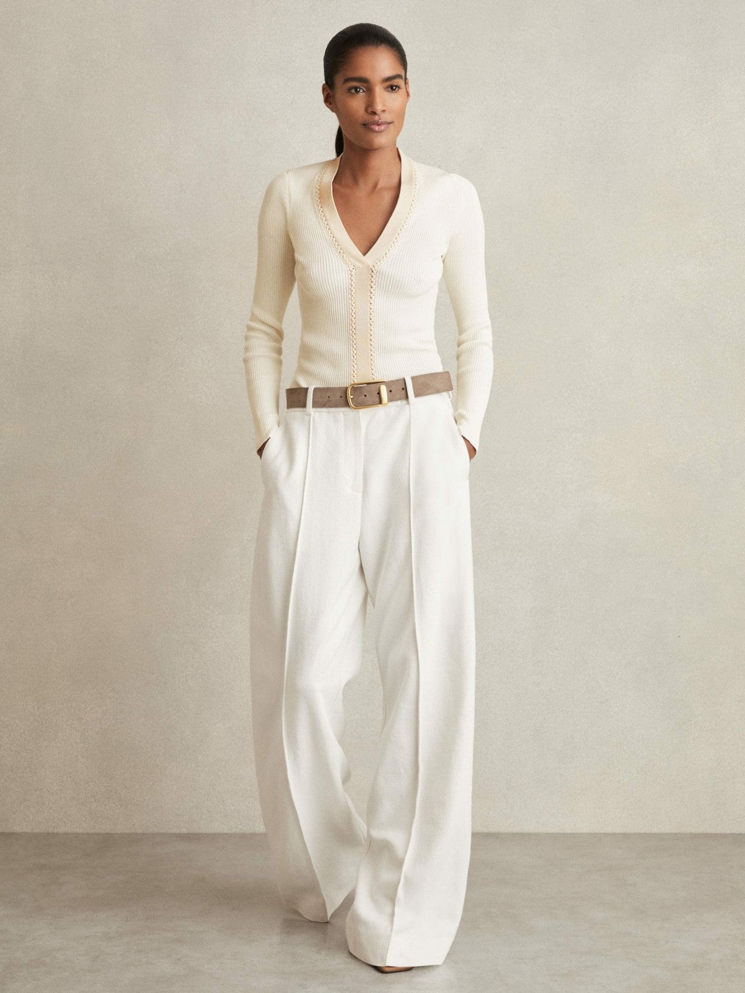Reiss Craft-Stitch Rib-Knit Top in Ivory