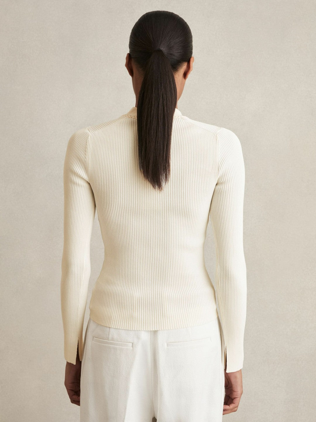 Reiss Craft-Stitch Rib-Knit Top in Ivory