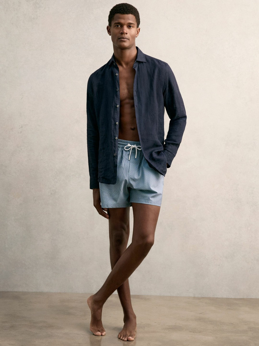 Reiss Drawstring Geometric Print Swim Shorts in Airforce Blue
