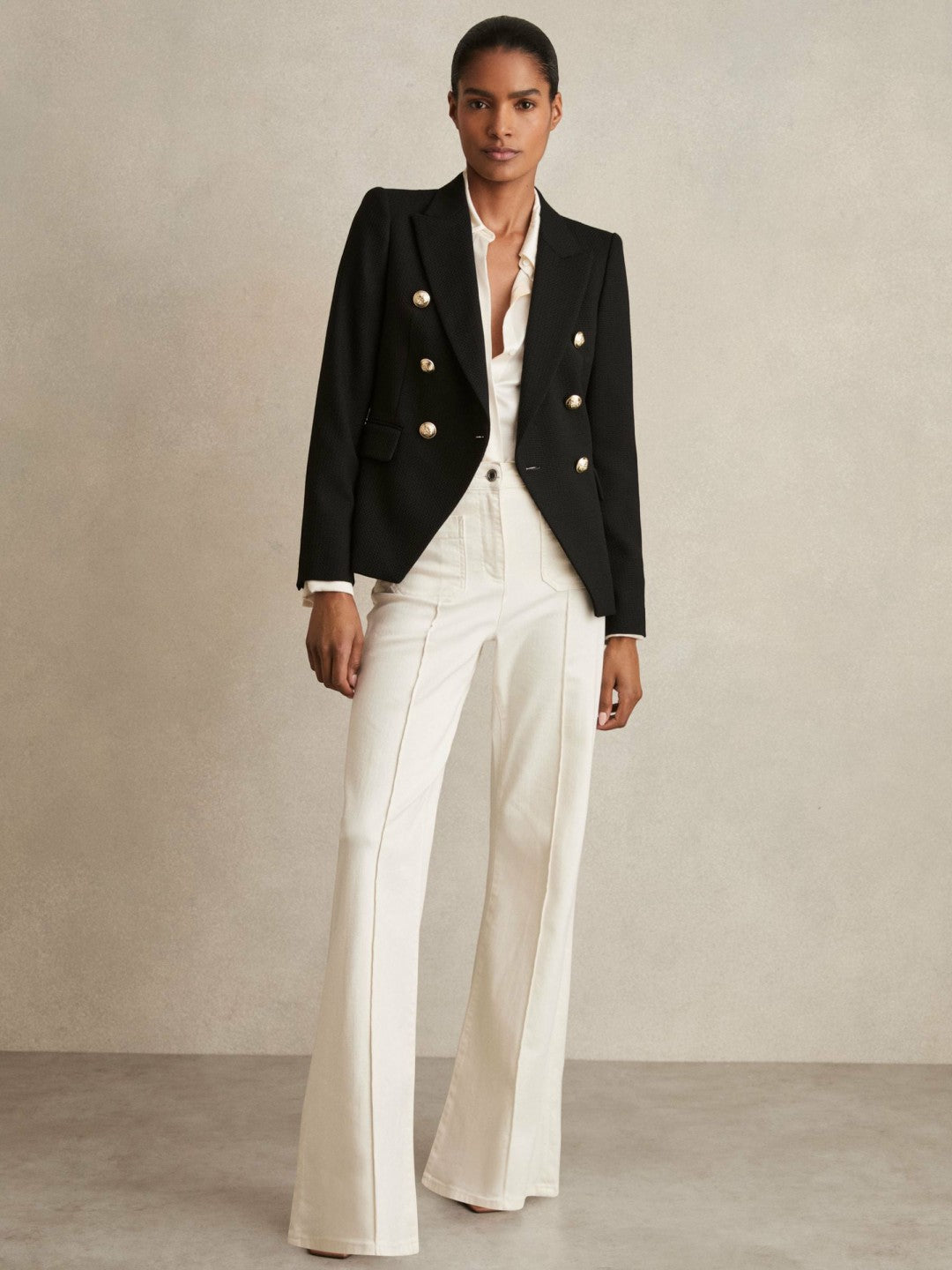 Reiss Petite Tailored Fit Textured Double Breasted Blazer in Black