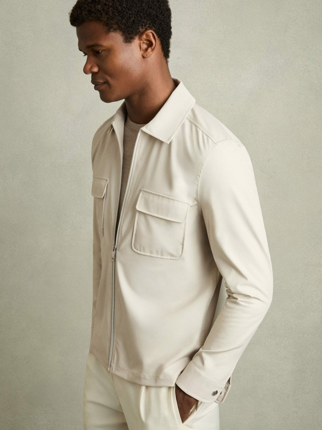 Reiss Technical Zip-Through Overshirt in Stone