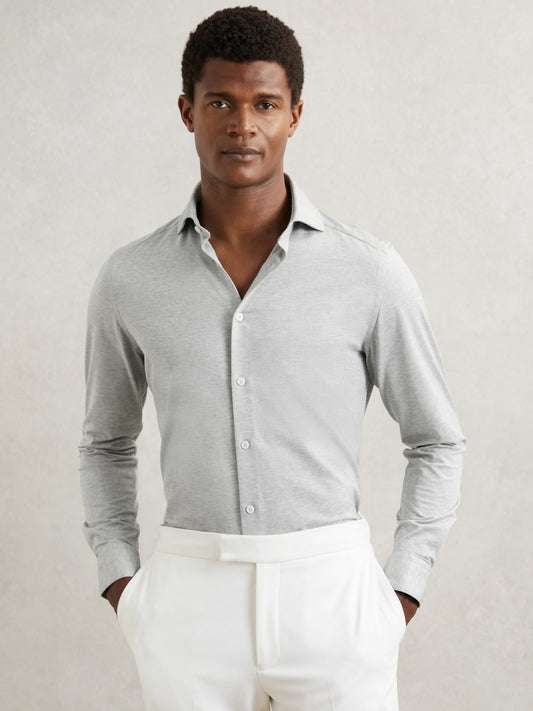 Reiss Cotton-Blend Jersey Cutaway-Collar Shirt in Grey Melange