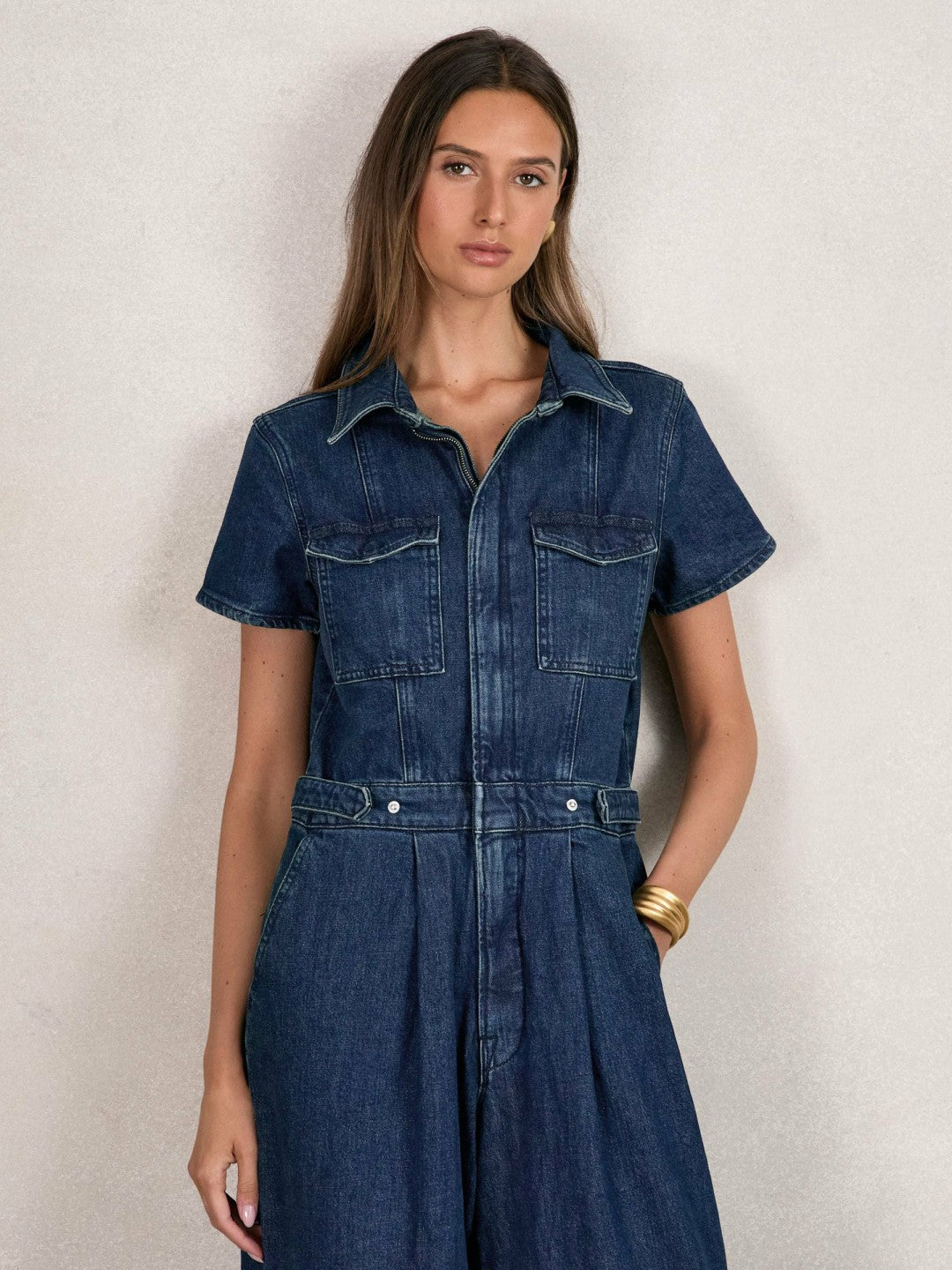Reiss Good American Wide-Leg Denim Jumpsuit in Dark Indigo