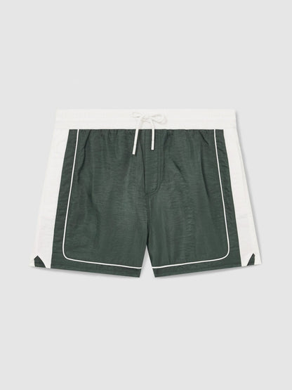 Reiss Colour-Block Piped-Trim Swim Shorts in Dark Green/White