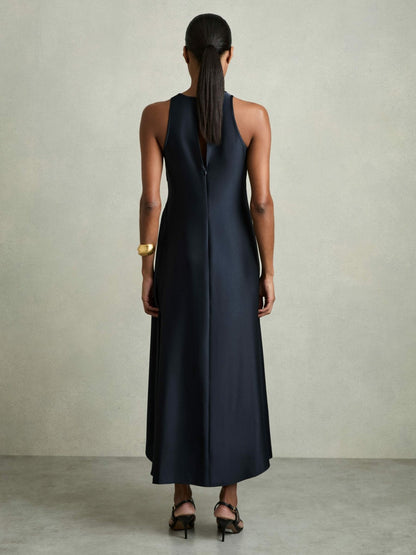 Reiss Satin Shirred Midi Dress in Navy