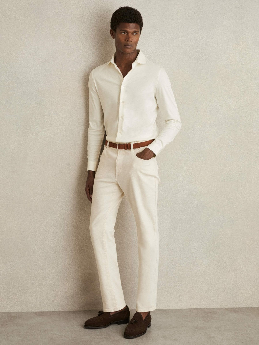 Reiss Cotton-Jersey Button-Through Shirt in Ecru