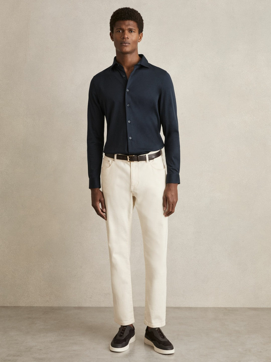 Reiss Cotton-Jersey Button-Through Shirt in Navy