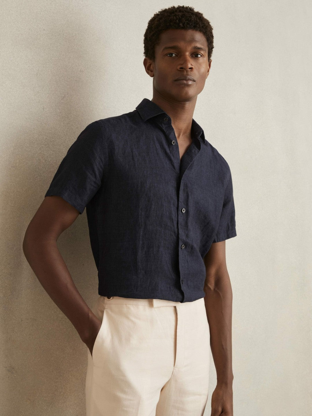 Reiss Slim Fit Linen Button-Through Shirt in Navy