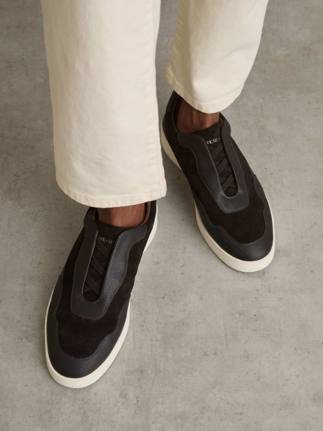 Reiss Leather Elasticated-Lace Trainers in Espresso Brown