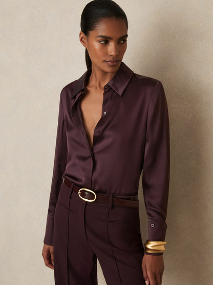 Reiss Silk Double-Cuff Button-Through Shirt in Red