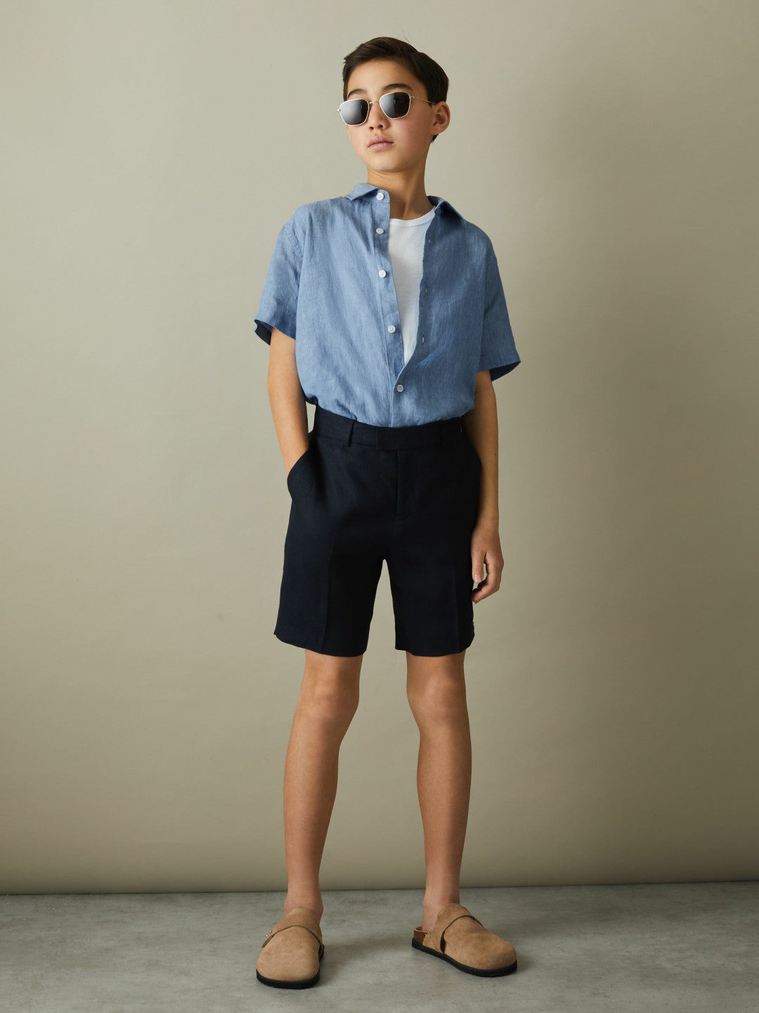 Reiss 9-13 yrs Short Sleeve Linen Shirt in Sky Blue