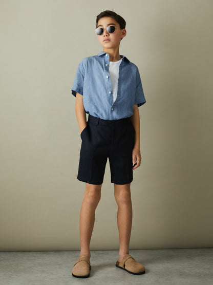 Reiss 9-13 yrs Short Sleeve Linen Shirt in Sky Blue