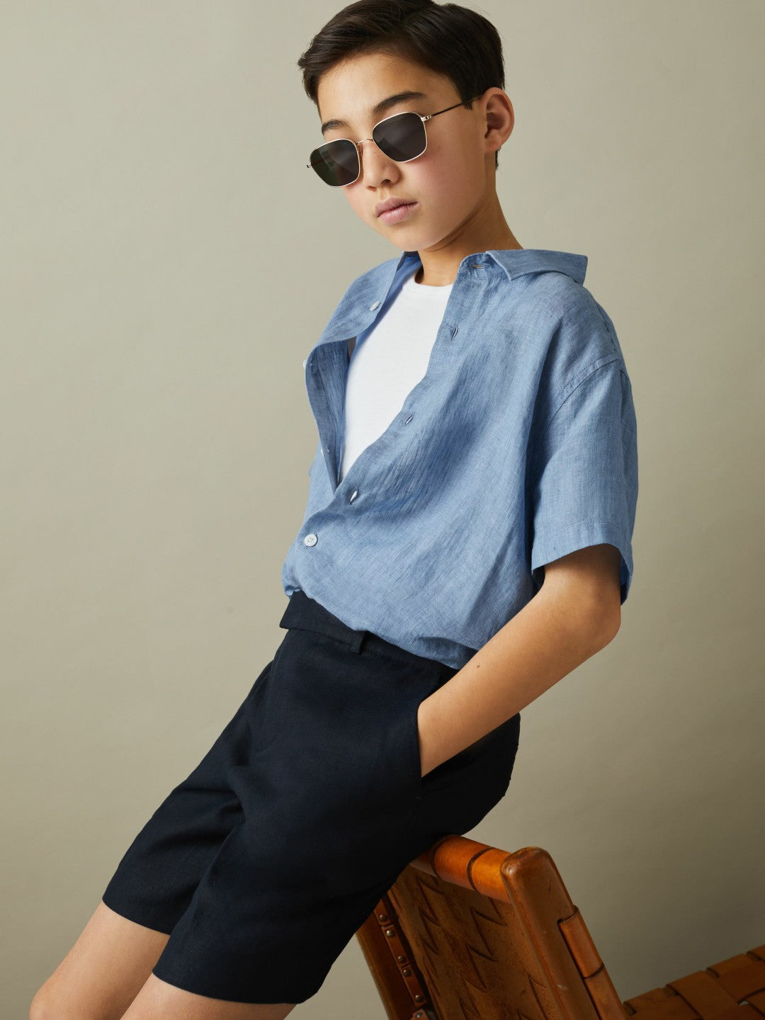 Reiss 9-13 yrs Short Sleeve Linen Shirt in Sky Blue