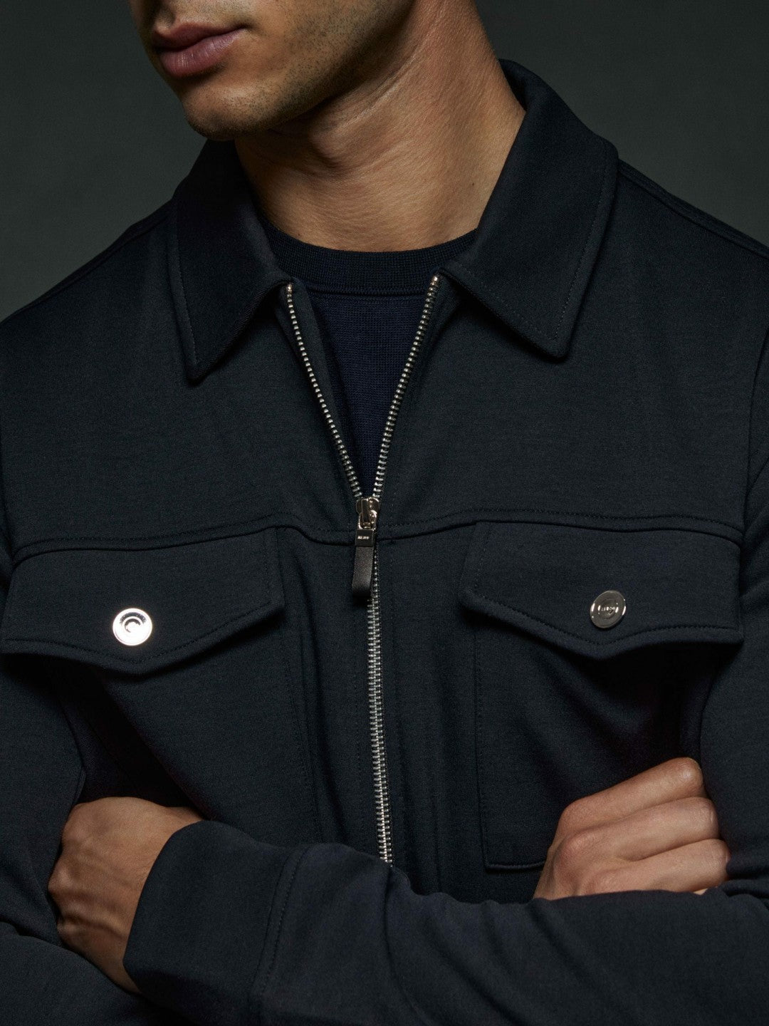 Reiss Interlock Jersey Zip-Through Jacket in Navy Blue