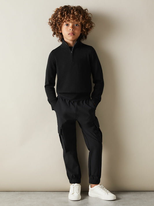 Reiss 3-9 yrs Merino Wool Half-Zip Funnel Neck Jumper in Black