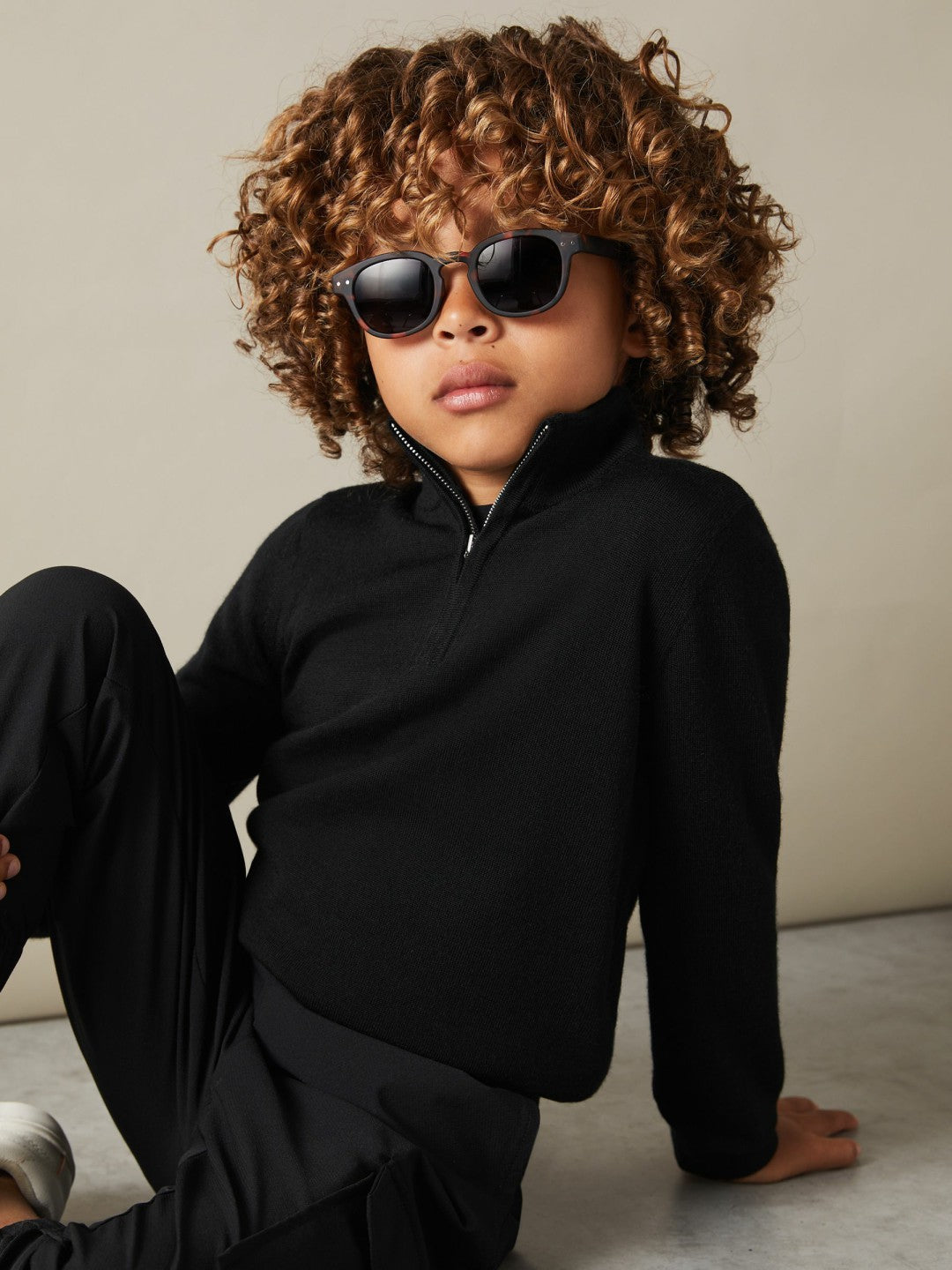 Reiss 3-9 yrs Merino Wool Half-Zip Funnel Neck Jumper in Black